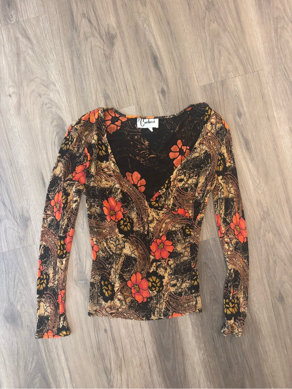 Vintage Carducci Floral V-Neck Long Sleeve Top - Orange/Black